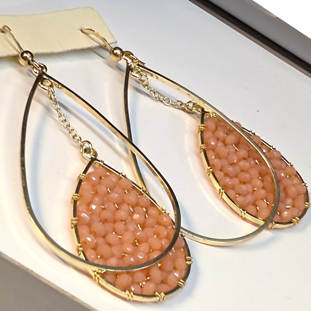Vintage Double Teardrop‎ Earrings Cold Beads Peach Gold Tone Beaded Dangle Drop
